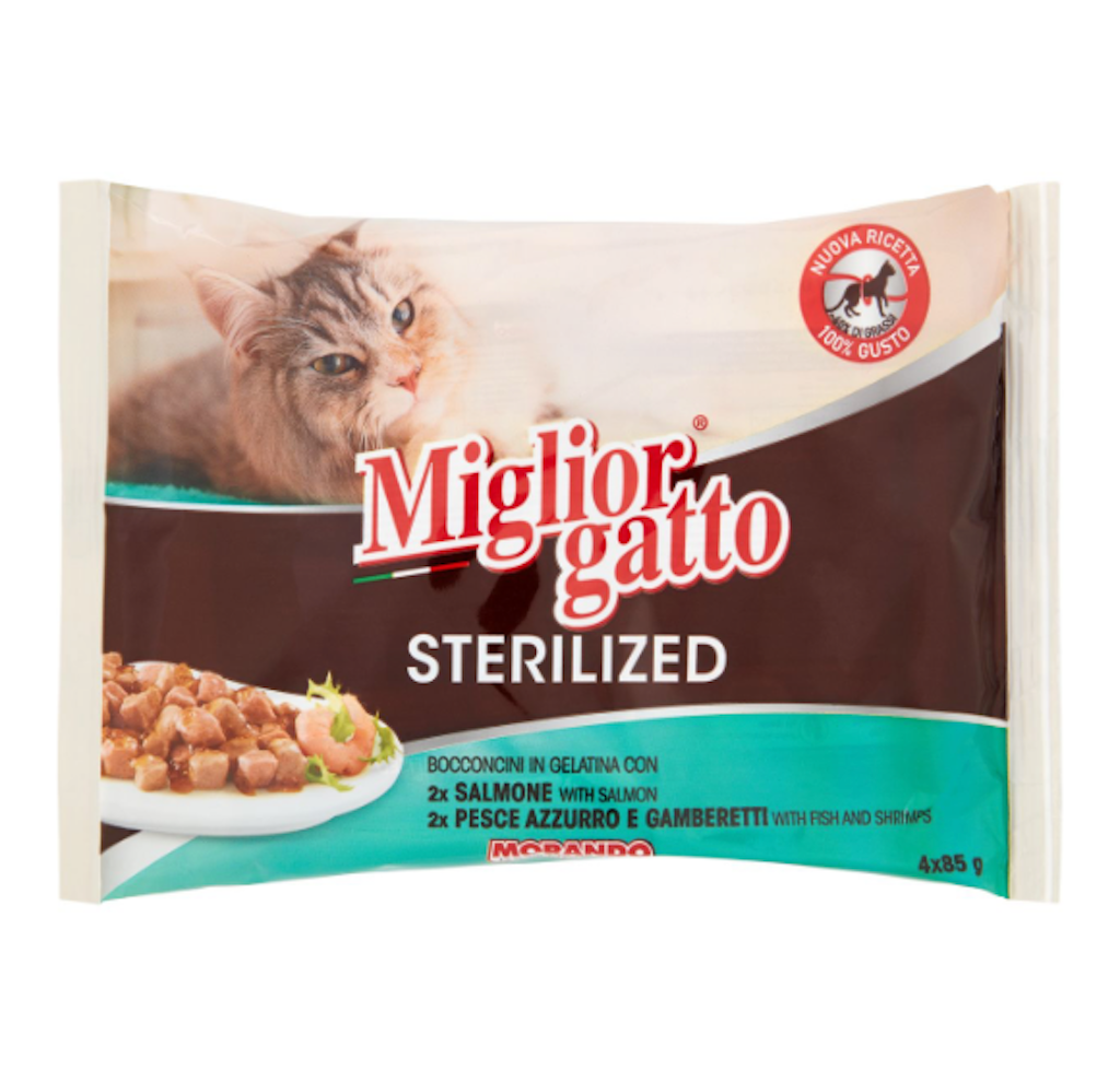 Miglior Gatto, Katzenfutter in Gelee, Lachs, fetter Fisch, Garnelen, 4x85gr