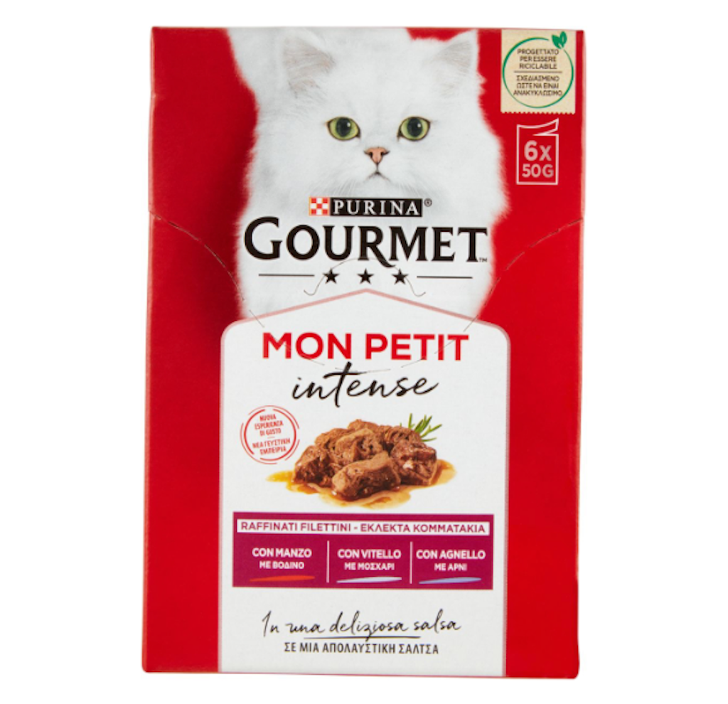 Purina, Gourmet Mon Petit Intense, mit Rind, Kalbfleisch und Lammfleisch, 6x50gr.