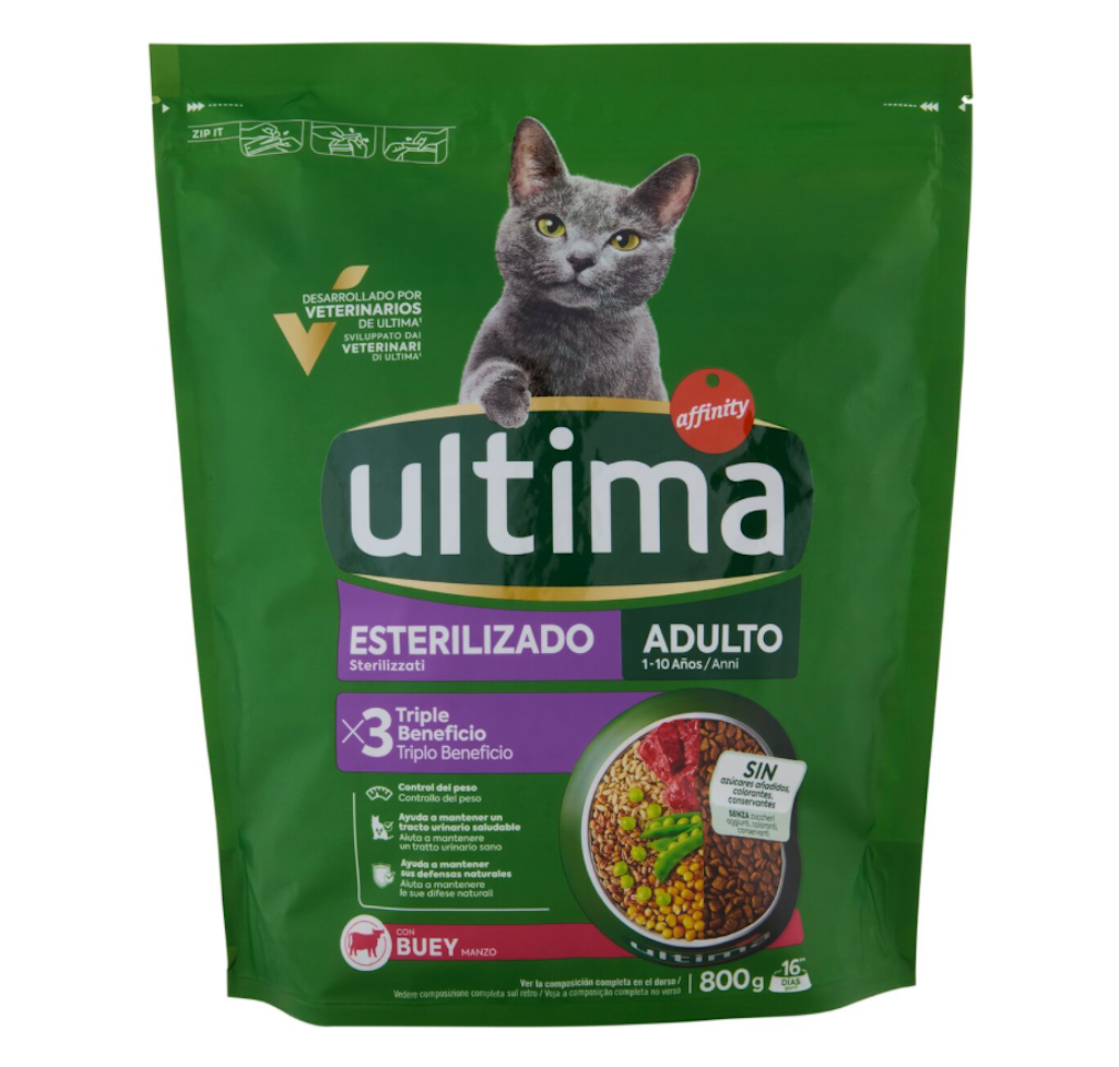 Ultima, Trockenfutter für sterilisierte Katzen mit Rindfleisch, 800 gr.