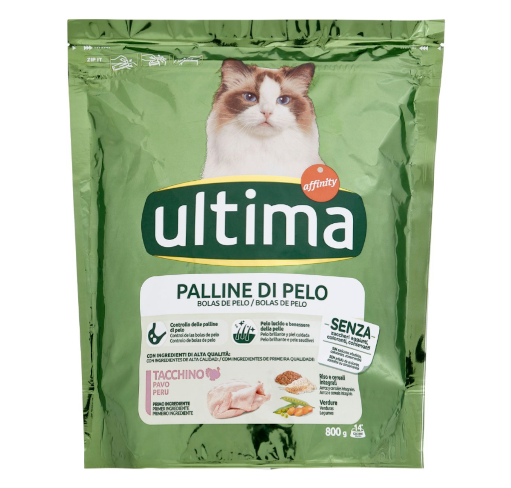 Ultima, Katzenfutter gegen Haarballen mit Truthahn, 800 gr.